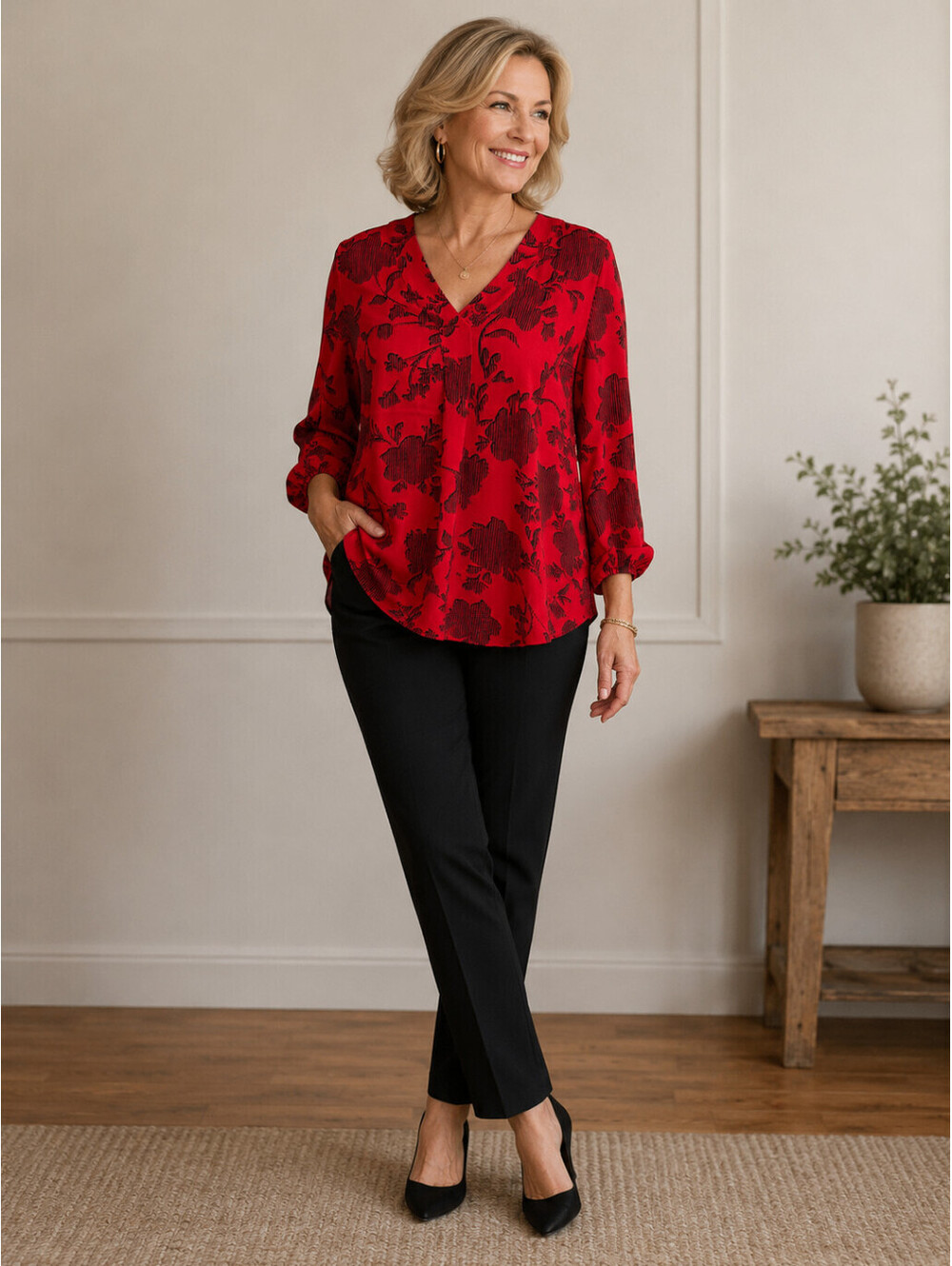 APT.9 Womens Red Black Floral V-Neck Blouse Roll-Tab Sleeves Size S